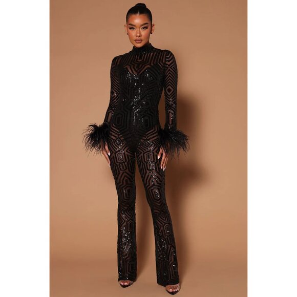 πA BOMBSHELL!π Ostrich Feather Trim Sequin Lace Bodycon Jumpsuit in Black - Picture 3 of 16